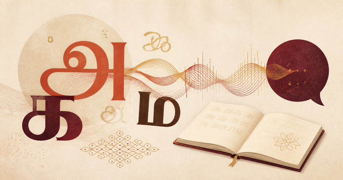 An editorial Tamil learning roadmap connecting script, sound, conversation, literacy and community.